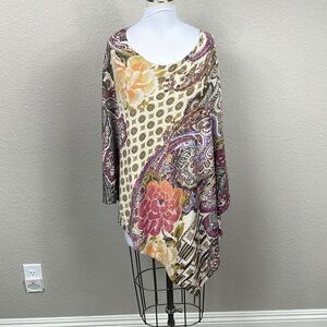Chicos Asymmetric Floral Metallic Shine Poncho Cape Art To Wear Sz L XL